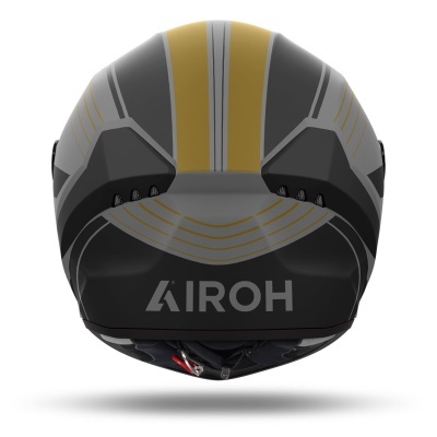 Capacete de motorizada AIROH preto, cinzento e dourado, vista traseira