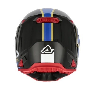 Capacete de mota preto com riscas azuis e douradas e detalhes vermelhos
