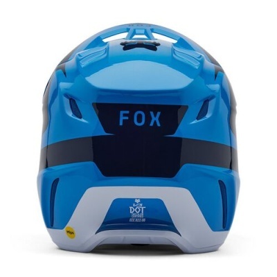 Capacete azul, preto e branco com texto FOX e selo DOT na parte traseira
