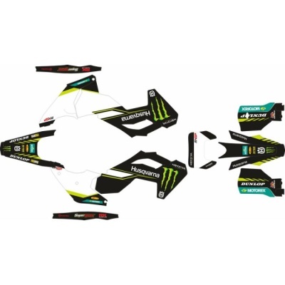 Kit autocolantes para mota Husqvarna preto, verde e branco com logos Monster, Dunlop, Motorex