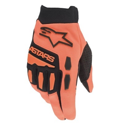 Luva de ciclismo ou motocross laranja e preta com logótipo Alpinestars e detailhes em relevo preto