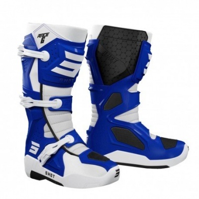 Botas de motocross azuis, brancas e pretas com texto Shot e Force 3