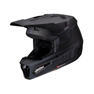 Capacete integral preto com design geométrico e ventilações, mostrando textos GP-TT, FORTE EVO 3D e EN 1078.