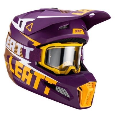 Capacete motocross roxo com detalhes amarelos e brancos e viseira amarela