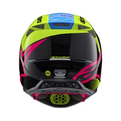 Capacete de motocicleta Alpinestars verde neon, rosa e preto, com visor escuro e etiquetas na parte traseira