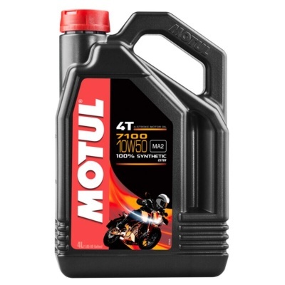 Embalaem de óleo de motor Motul 4T 7100 10W50 em plástico preto com tampa vermelha