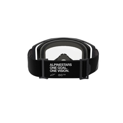 Óculos de protecção pretos com tiras ajustáveis e texto da marca Alpinestars