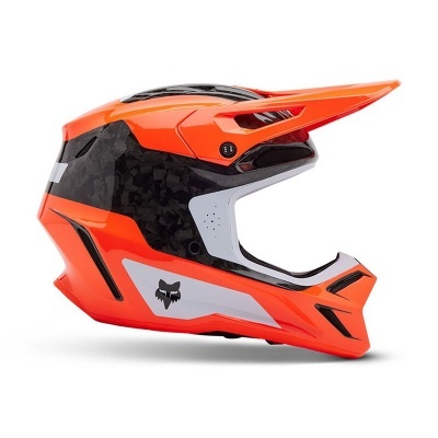 Capacete integral de motocross laranja, cinzento e preto com logo de raposa