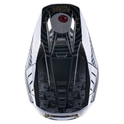 Capacete motocross preto e branco com gráficos e texto RSTARS