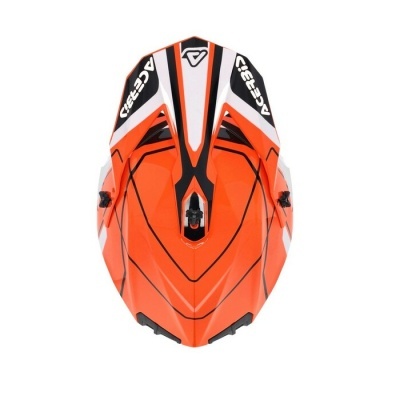 Capacete de motocross laranja com detalhes brancos e pretos e texto ACERBIS