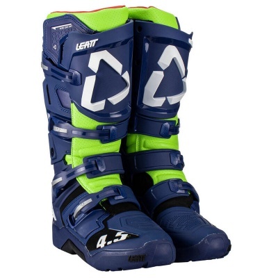 Botas motocross azul escuro e verde neon com fivelas e texto LEATT 4.5