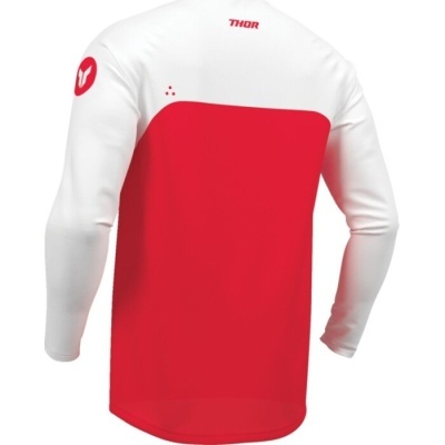 Camisola desportiva branca e vermelha de manga comprida com texto THOR nas costas