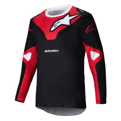 Camisola motocross preta e vermelha com logótipos Alpinestars