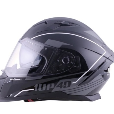 Capacete integral preto com visor transparente e detalhes em cinza e branco