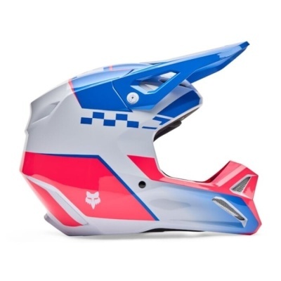 Capacete integral motocross branco, azul e rosa com visor e padrão de quadrados