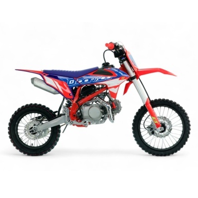 Motocross vermelha com detalhes em azul, banco azul e texto ODORADO na lateral