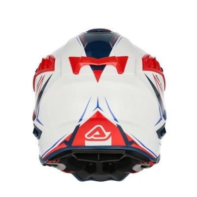 Capacete de motocross branco com detalhes em vermelho e azul visto de trás