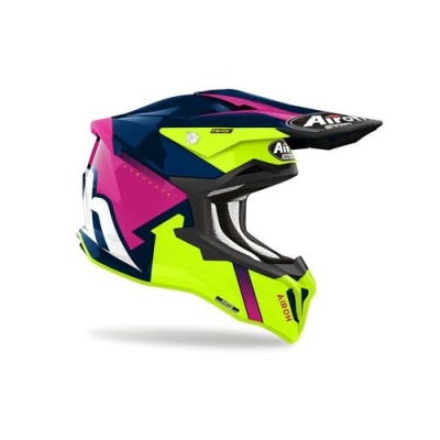 Capacete integral motocross Airoh rosa, azul escuro, amarelo neon com logotipo