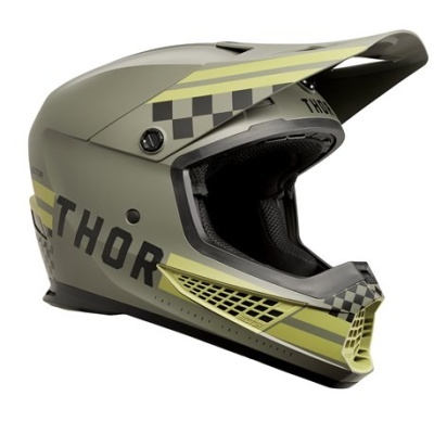 Capacete motocross cinza fosco com detalhes amarelo e preto e texto THOR