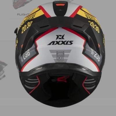 Capacete Axxis branco, preto, amarelo e vermelho visto de trás