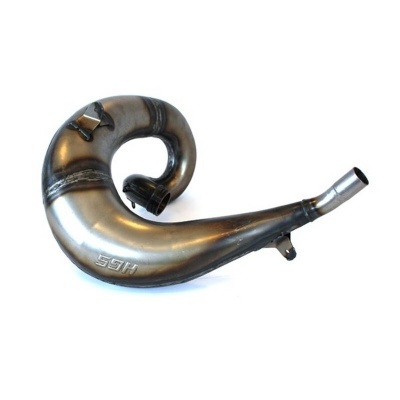 Escape metálico curvo para motocicleta com texto HSR