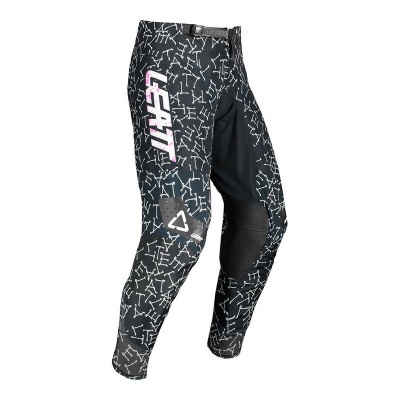 Calças esportivas pretas com padrão branco e detalhes em cinza, marca LEATT na lateral