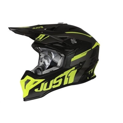capacete preto e amarelo fluorescente para motocross com texto JUST1