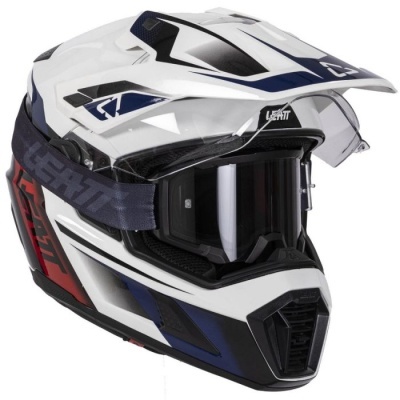 Capacete motocross integral branco com óculos integrados e faixa ajustável
