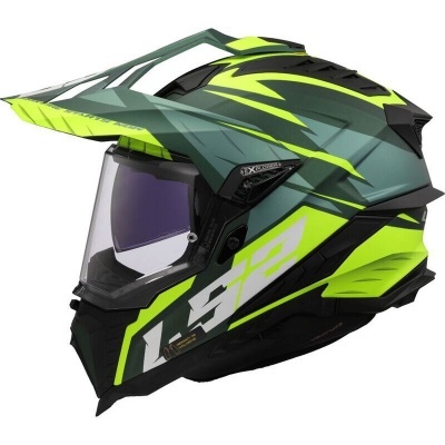 Capacete integral verde escuro e verde fluorescente com viseira transparente