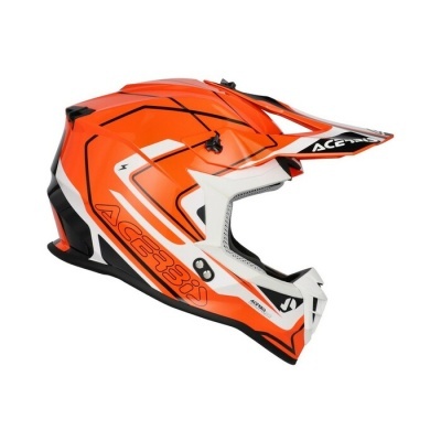Capacete integral laranja, branco e preto para motocross com texto ACE 22-1X