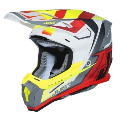 Capacete integral para motocross vermelho, cinza, amarelo e branco com textos J22, FRENETIK e JUST1