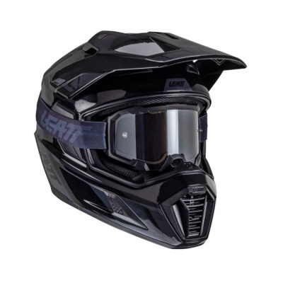 Capacete integral preto com óculos de proteção e faixa 'LEATT'.
