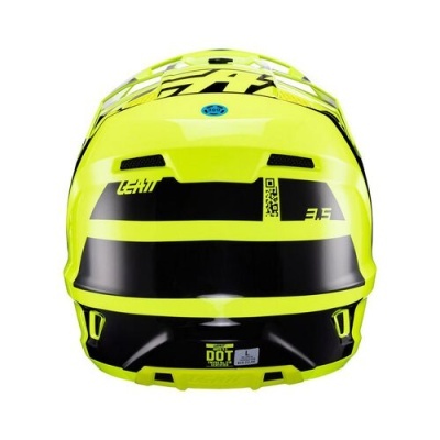 Capacete integral amarelo fluorescente e preto com texto e etiqueta de certificação