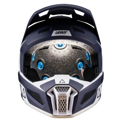 Capacete integral azul escuro e branco com acolchoamento interior cinza e azul