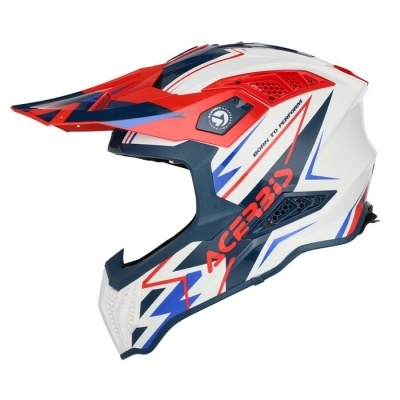 Capacete motocross branco, vermelho, azul e preto com texto Acerbis
