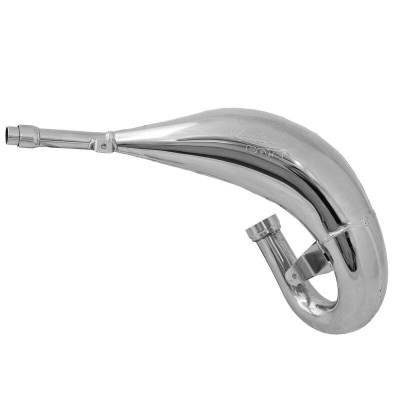 Cano de escape cromado em metal, formato curvo com acabamento brilhante
