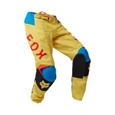 Calças de motocross amarelas com detalhes azuis e pretos, estampado FOX vermelho e logotipo da raposa