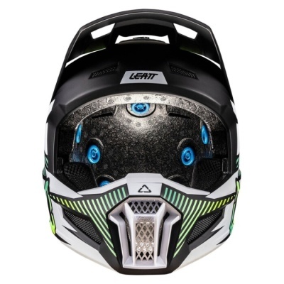 Capacete off-road preto, branco, verde e amarelo com acolchoamento interior azul e preto