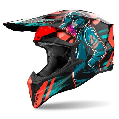 Capacete integral motocross Airoh com design gráfico colorido e figura humana azul