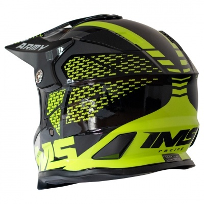 Capacete de motocross preto e verde neon com detalhes amarelos e visor