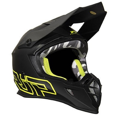 Capacete de motocross preto com detalhes amarelos e cinza