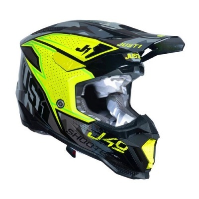 Capacete de motocross preto e amarelo fluorescente com texto JUST1