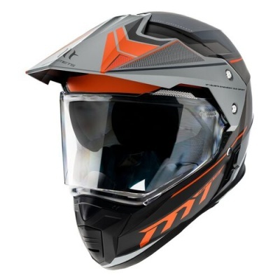 Capacete de motocicleta cinza e laranja com visor transparente e inscrição MT