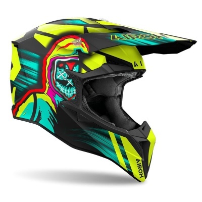 Capacete integral motocross colorido com design gráfico vibrante e texto AIROH