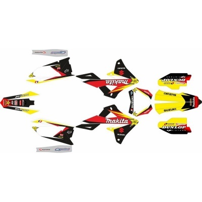 Autocolantes para mota Suzuki em preto, branco, amarelo e vermelho com texto Makita, Dunlop, Suzuki e DR