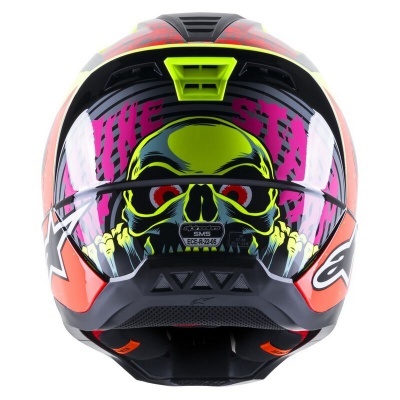 Capacete de motocicleta com design de caveira e texto THE STAR