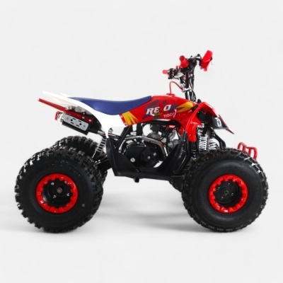 Quadriciclo infantil vermelho e preto com texto REX motor 110CC