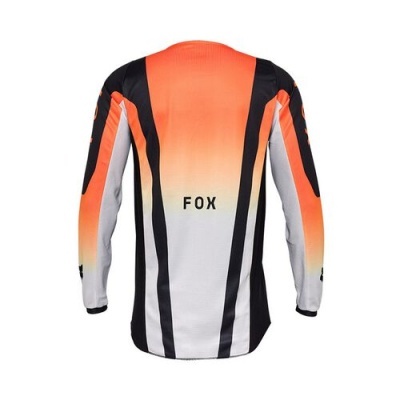 Camisola desportiva manga comprida com padrão degradé laranja, branco e preto e texto FOX
