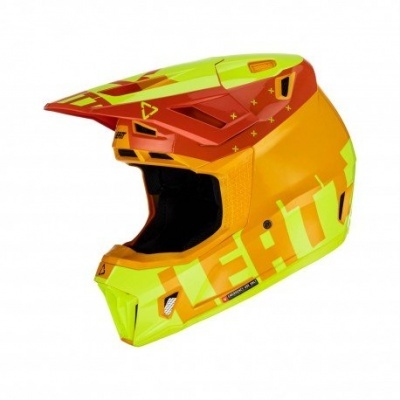 Capacete integral motocross amarelo e laranja com texto LEATT na lateral
