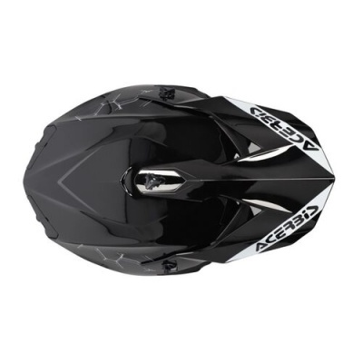 Capacete de motocross preto com detalhes brancos e texto ACERBIS